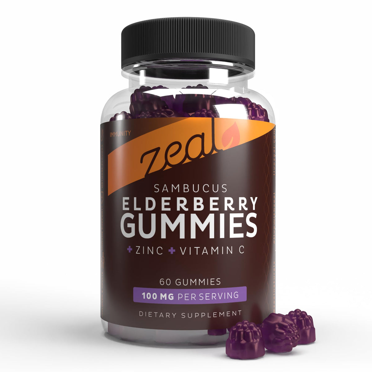 Zeal Naturals Sambucus Elderberry Gummies bottle front displaying chewable daily supplement