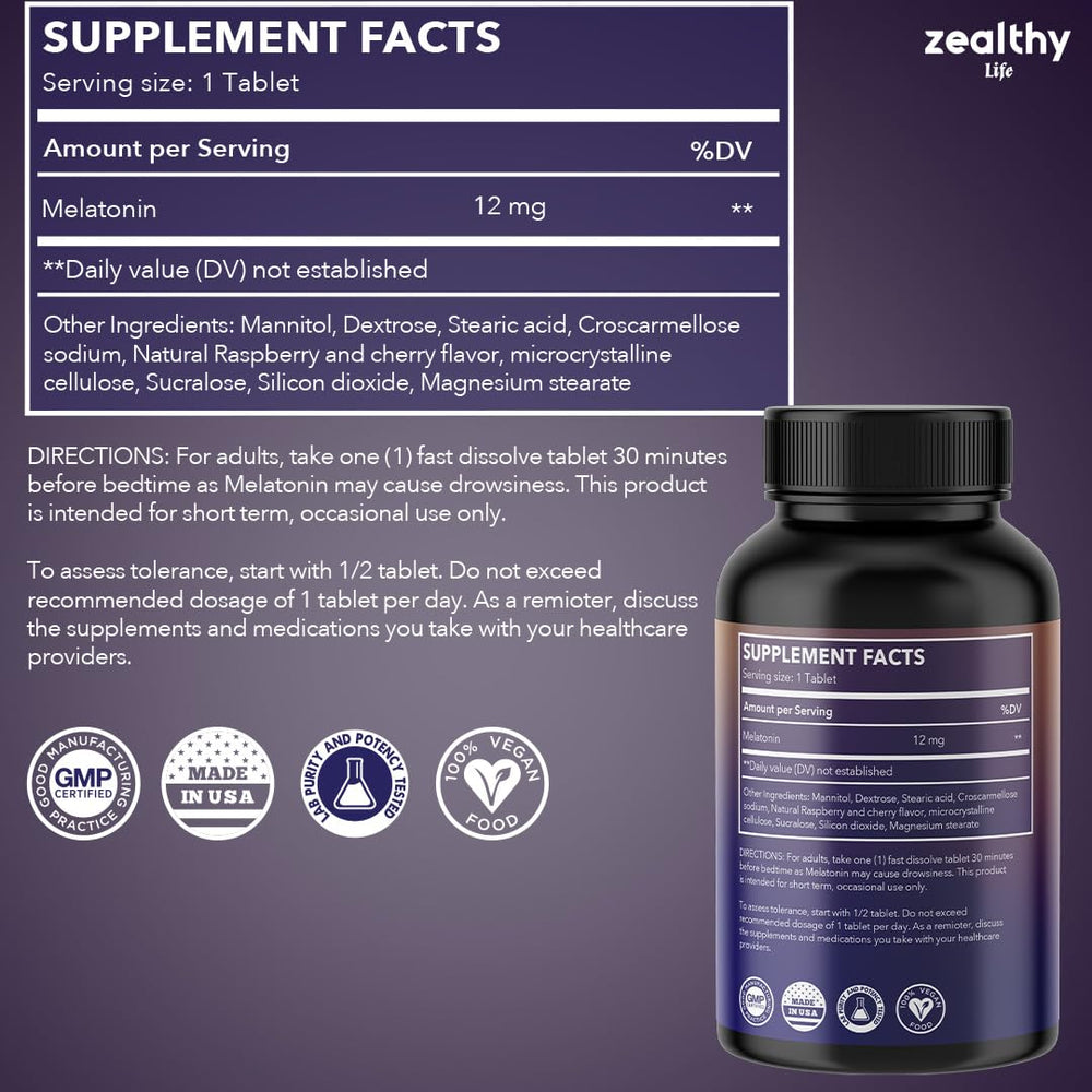 Z Zealthy Life Melatonin 12mg fast-dissolve tablet under the tongue for quick use