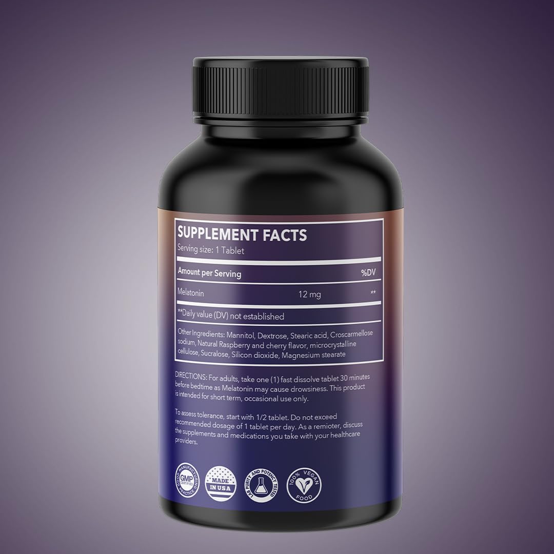 Berry-flavored melatonin bottle beside a glass for optional use without water