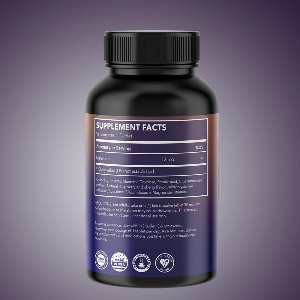 Berry-flavored melatonin bottle beside a glass for optional use without water