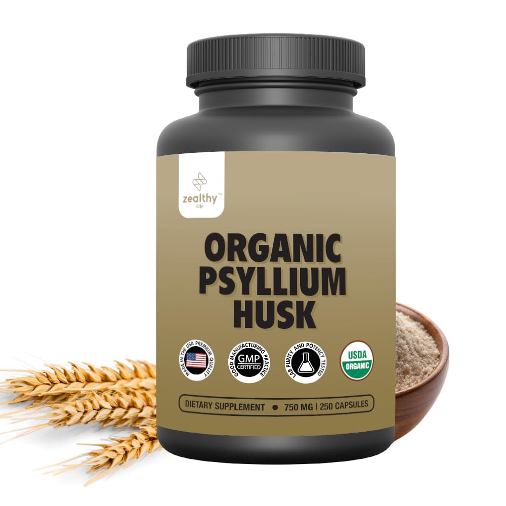 Zealthy Life psyllium capsules bottle front view for gut health support.