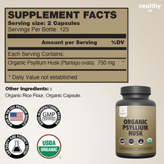 Zealthy Life psyllium capsules closeup showing 750 mg dose for fiber intake.