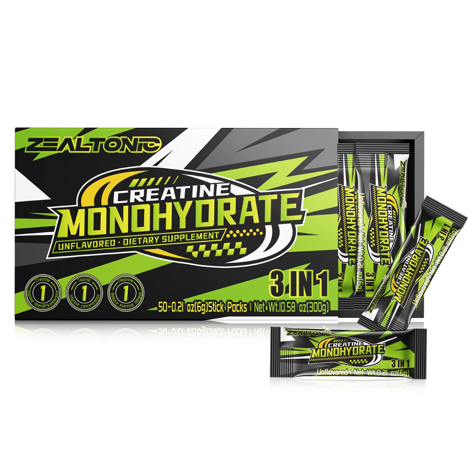 Zealtonic 5000mg creatine packets in packaging for on-the-go workouts.