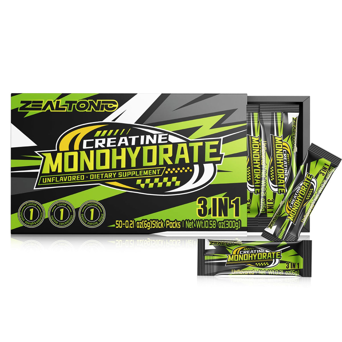 Zealtonic 5000mg creatine packets in packaging for on-the-go workouts.