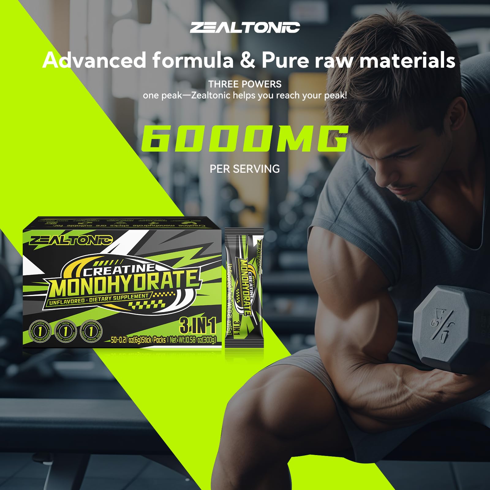 Zealtonic micronized creatine powder shown for quick dissolving formula.
