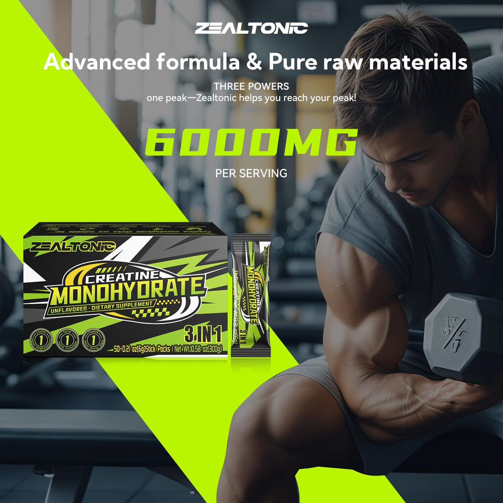 Zealtonic micronized creatine powder shown for quick dissolving formula.
