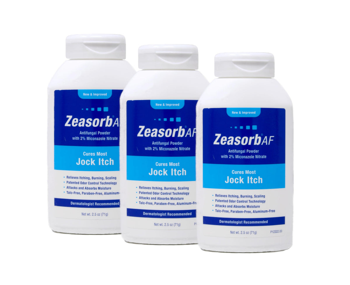 Zeasorb bottle showing controlled pour for precise application on moisture-prone areas