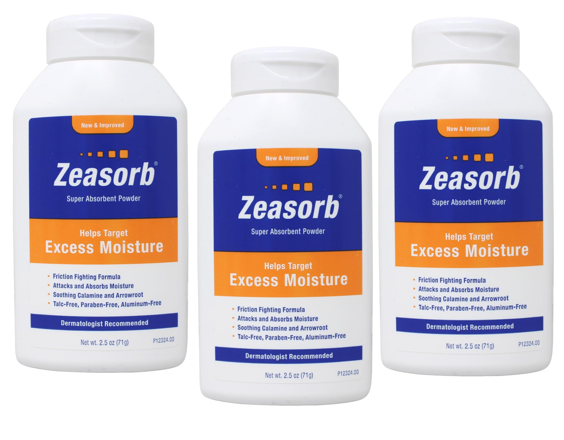 Zeasorb three-bottle pack shown for convenient moisture control.