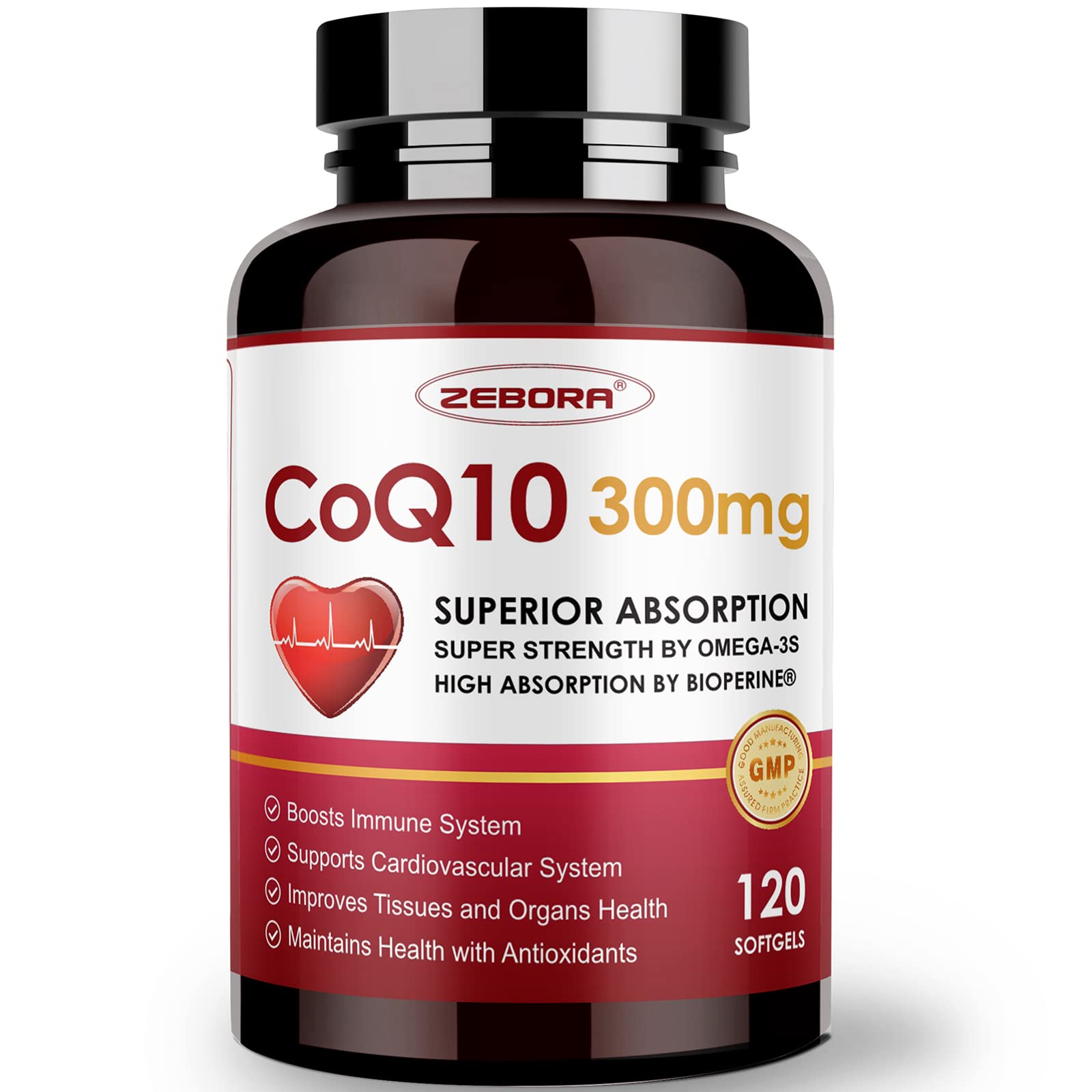 ZEBORA CoQ10 bottle front view, energy and heart health potential