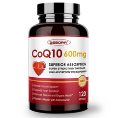 ZEBORA CoQ10 600mg softgels bottle for daily energy support.
