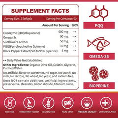 ZEBORA CoQ10 600mg softgels label with omega-3 and PQQ blend.