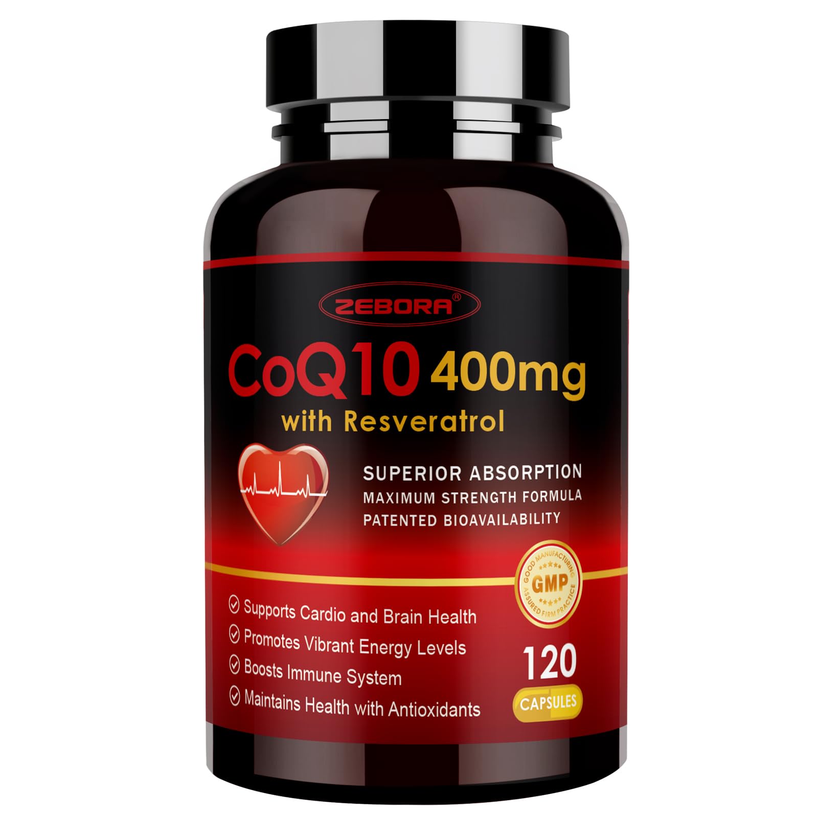 ZEBORA CoQ10 bottle pour supports energy and antioxidant protection.