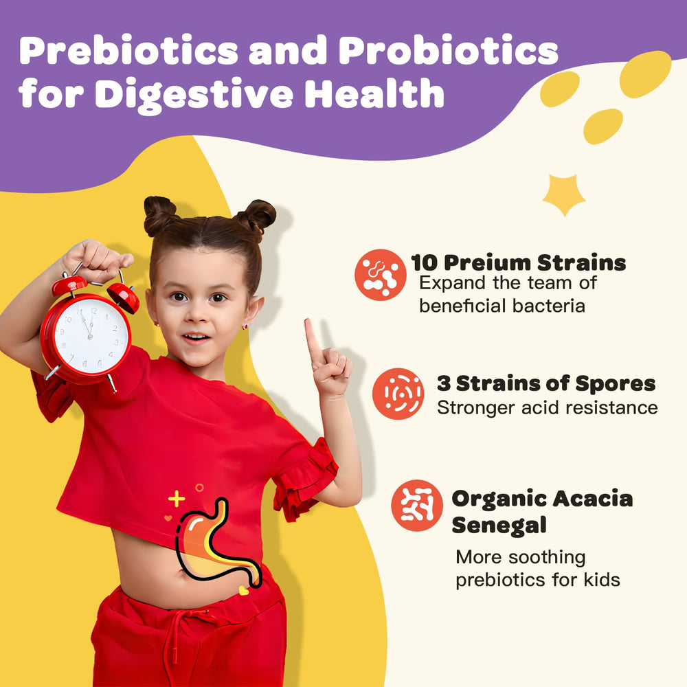 ZEBORA Kids Probiotic Chewables 5 Billion CFUs promote balanced digestion.