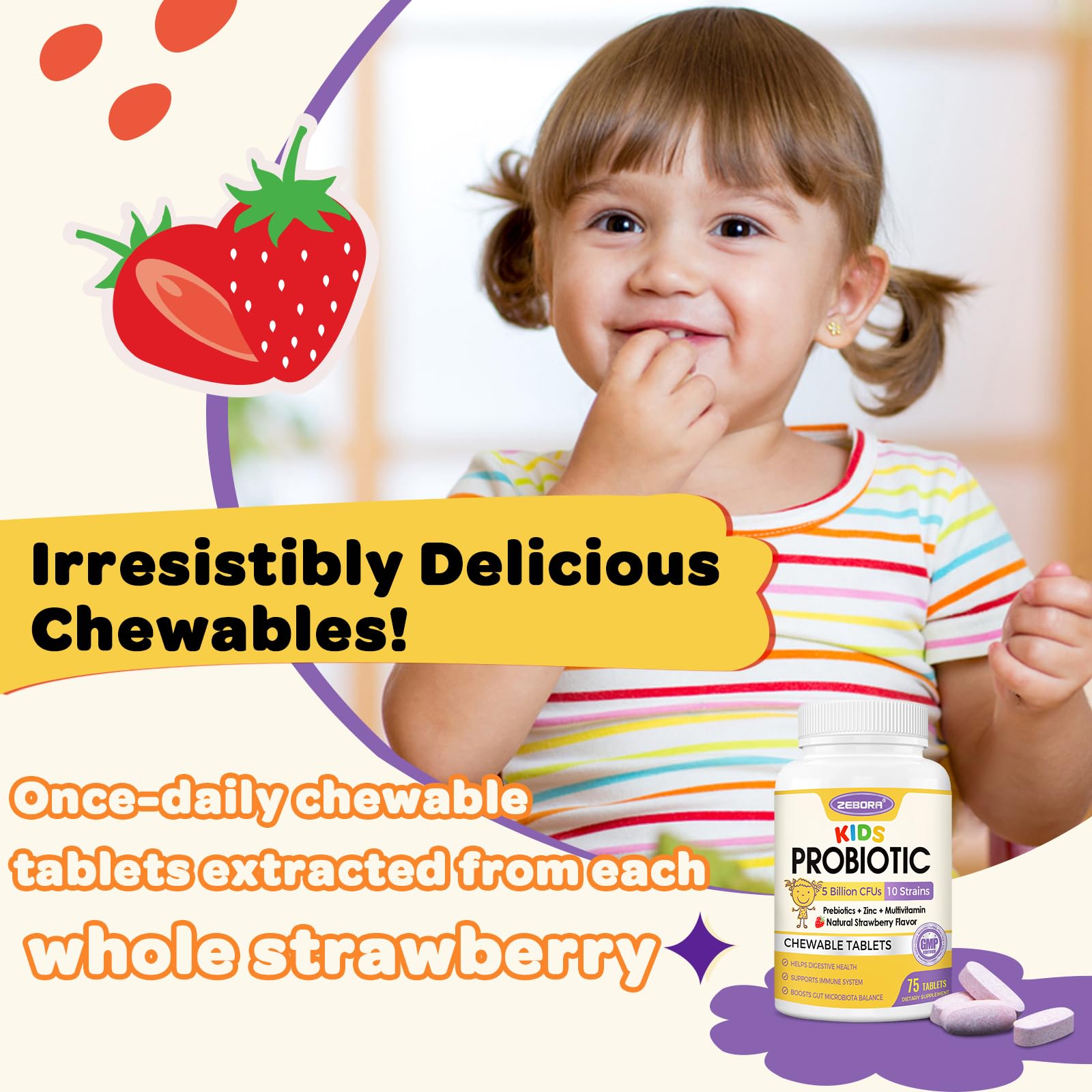 ZEBORA Kids Probiotic Chewables allergen-free formula for sensitive diets.