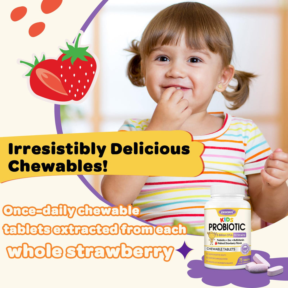 ZEBORA Kids Probiotic Chewables allergen-free formula for sensitive diets.