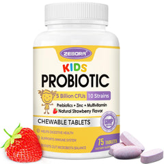 ZEBORA Kids Probiotic Chewables bottle front promotes gut health and convenient daily use.