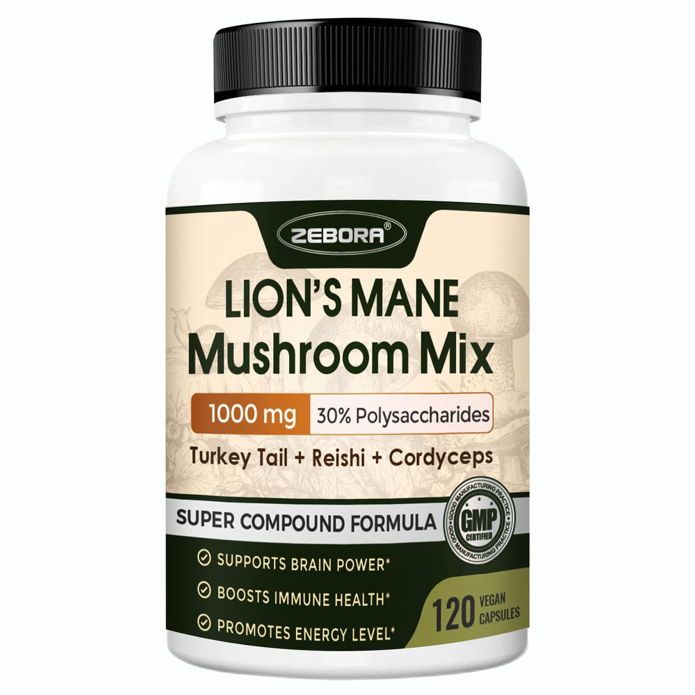 ZEBORA Lions Mane bottle front showing vegan capsules for daily focus support.