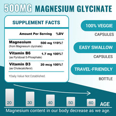 ZEBORA Magnesium Glycinate 500mg bottle back view showing ingredients and dosage guidance