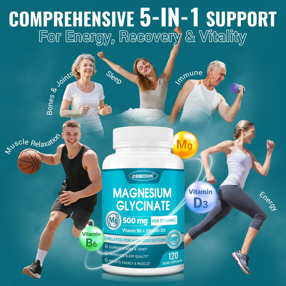 ZEBORA Magnesium Glycinate 500mg capsules close-up highlights gentle, non-buffered formulation