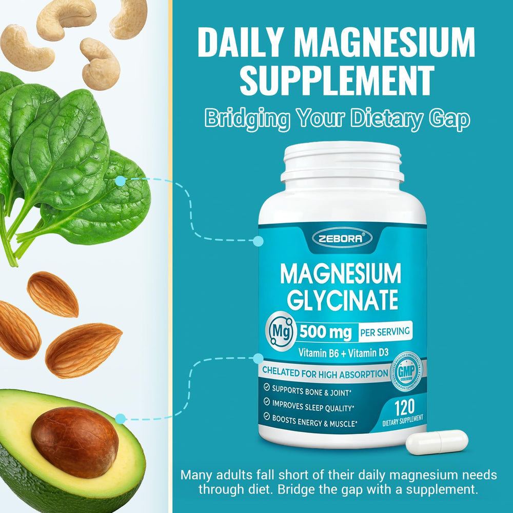 ZEBORA Magnesium Glycinate 500mg bottle beside water for easy swallowing