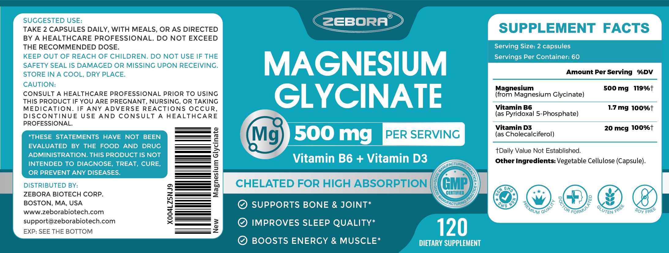 ZEBORA Magnesium Glycinate 500mg packaging on shelf signals trusted wellness choice