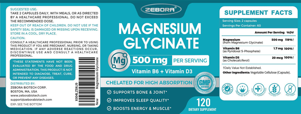 ZEBORA Magnesium Glycinate 500mg packaging on shelf signals trusted wellness choice