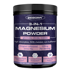 ZEBORA Magnesium Powder bottle closeup highlighting the 3-in-1 complex