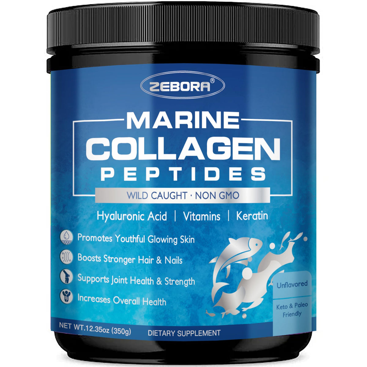 ZEBORA marine collagen powder tub with scoop for daily usage and hydration support