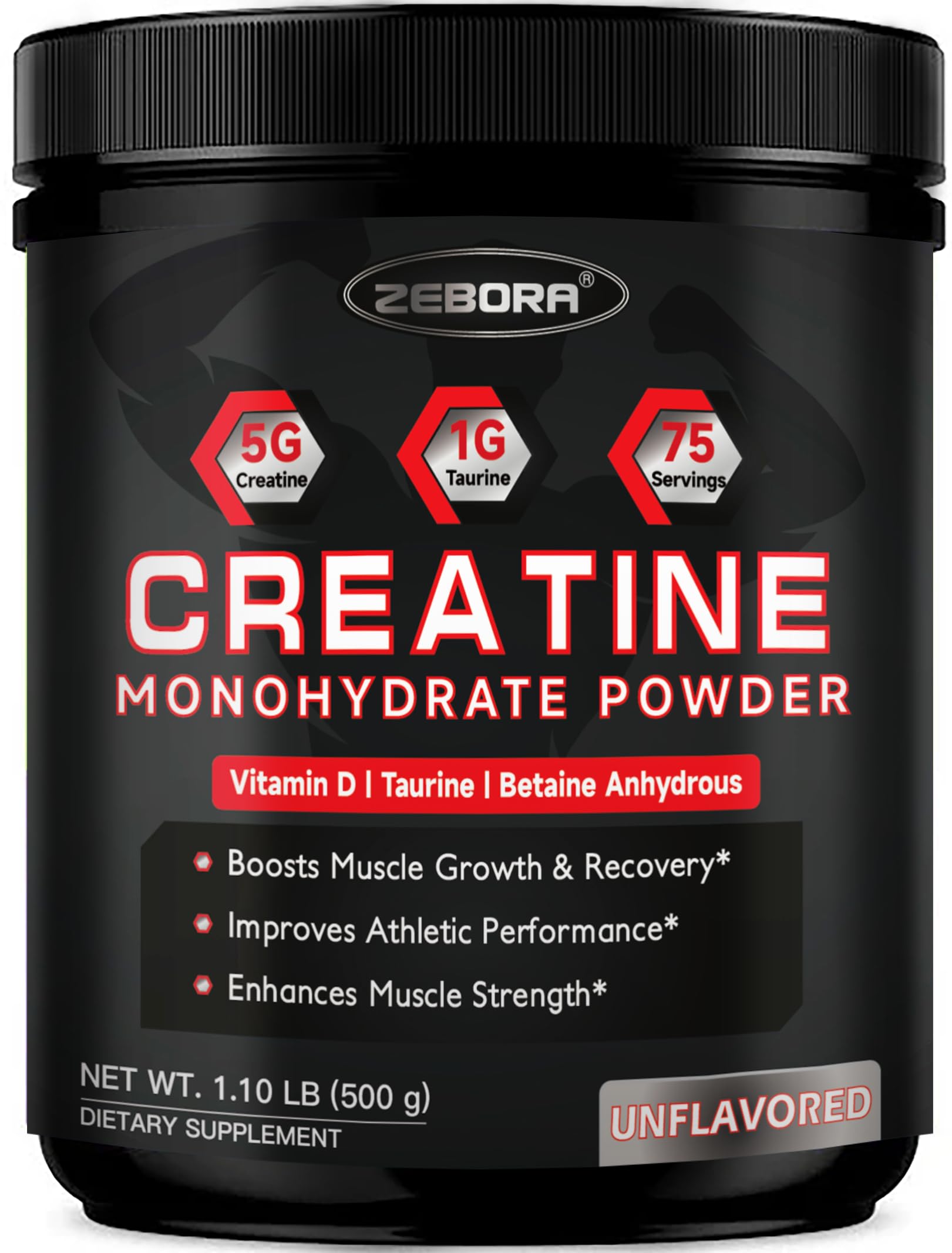 ZEBORA micronized creatine powder bottle pour for quick energy during workouts.