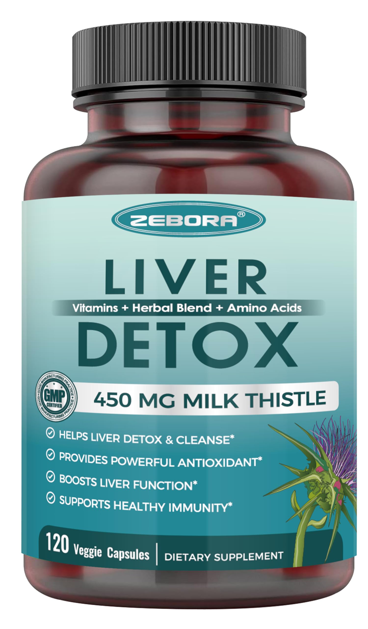 ZEBORA Milk Thistle 450mg extract bottle highlighting organic formula for liver support