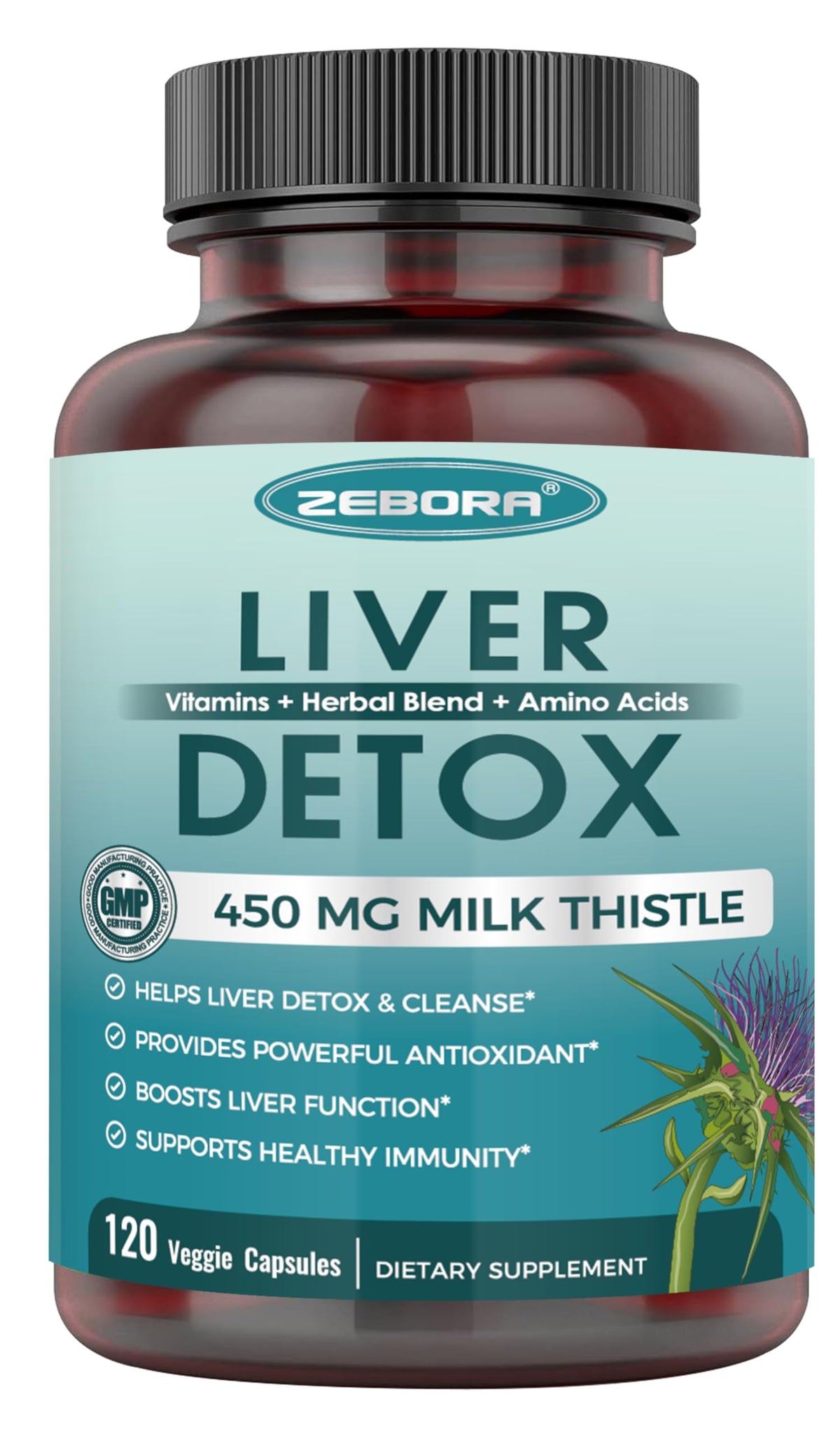 ZEBORA Milk Thistle 450mg extract bottle highlighting organic formula for liver support