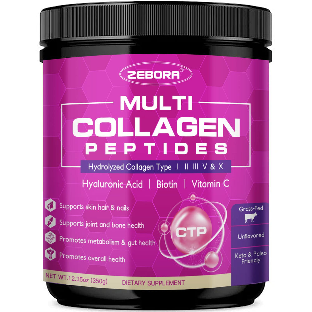 ZEBORA Multi Collagen Powder tub, unflavored, supports skin, hair, nails, and joints.