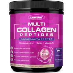 ZEBORA Multi Collagen Powder tub, unflavored, supports skin, hair, nails, and joints.