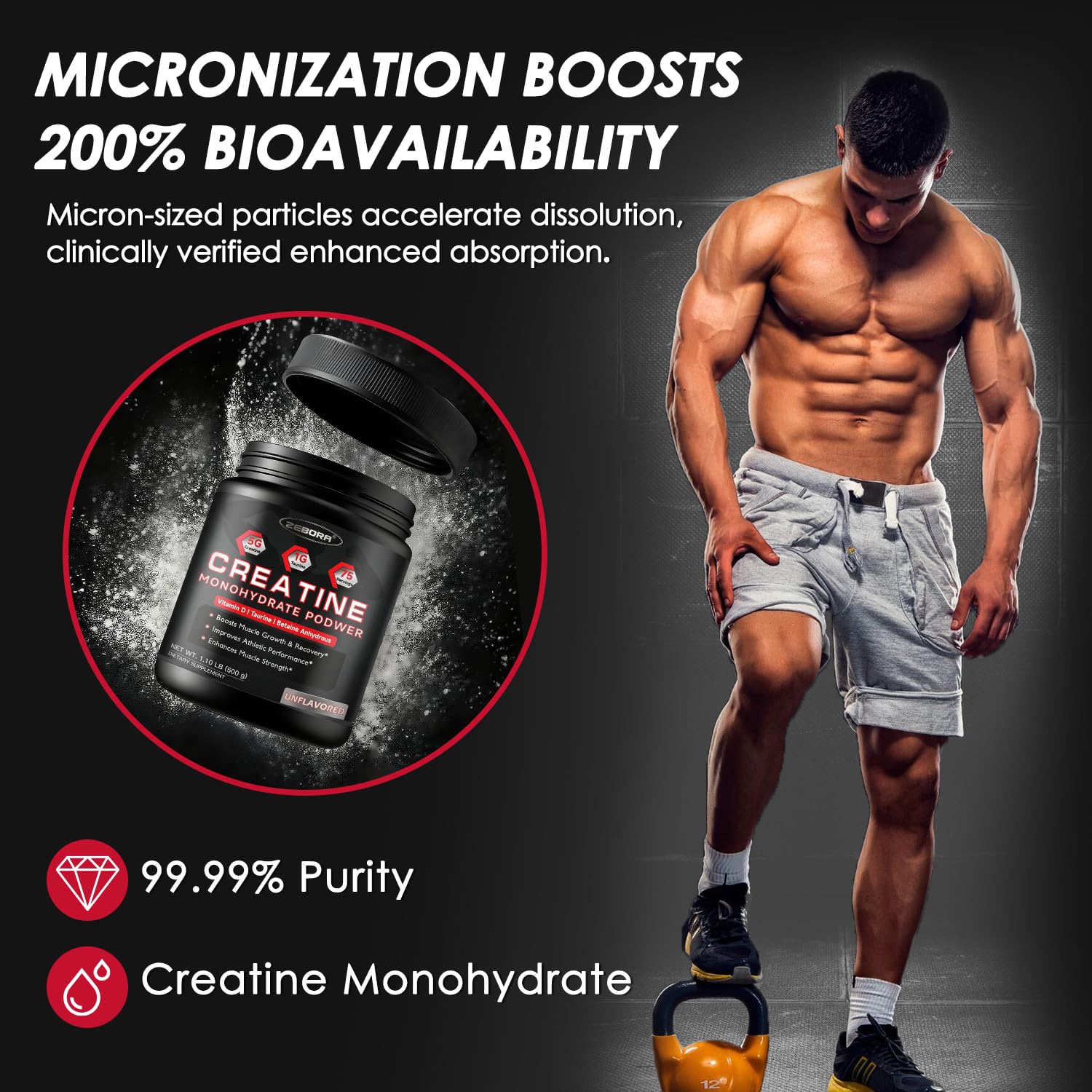ZEBORA muscle growth and lean mass support with unflavored creatine.