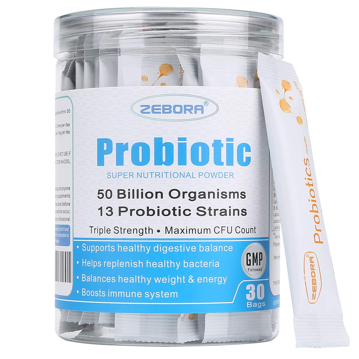 ZEBORA Probiotics 30-packet bottle for easy daily use and on-the-go support.