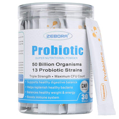 ZEBORA Probiotics 30-packet bottle for easy daily use and on-the-go support.
