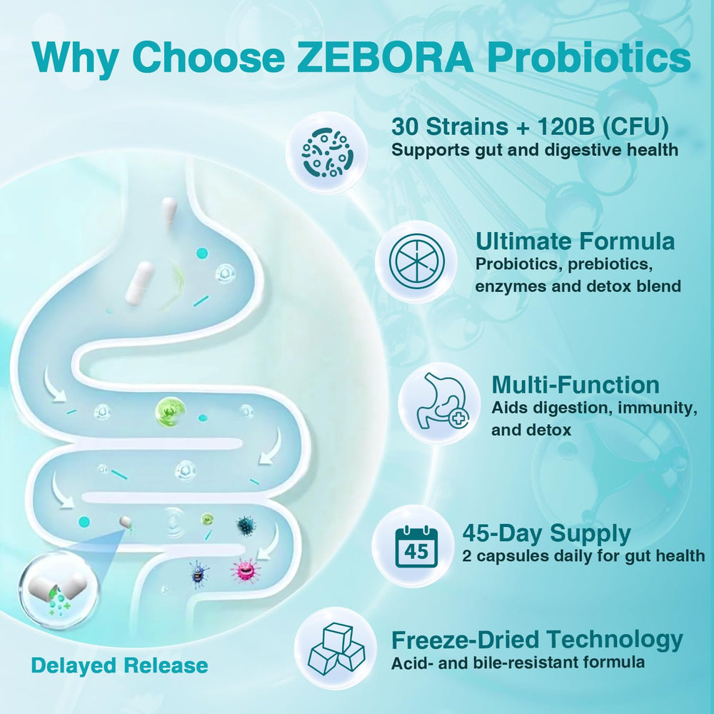 Close-up of ZEBORA Probiotics capsules highlighting the vegetarian formula for gut health.