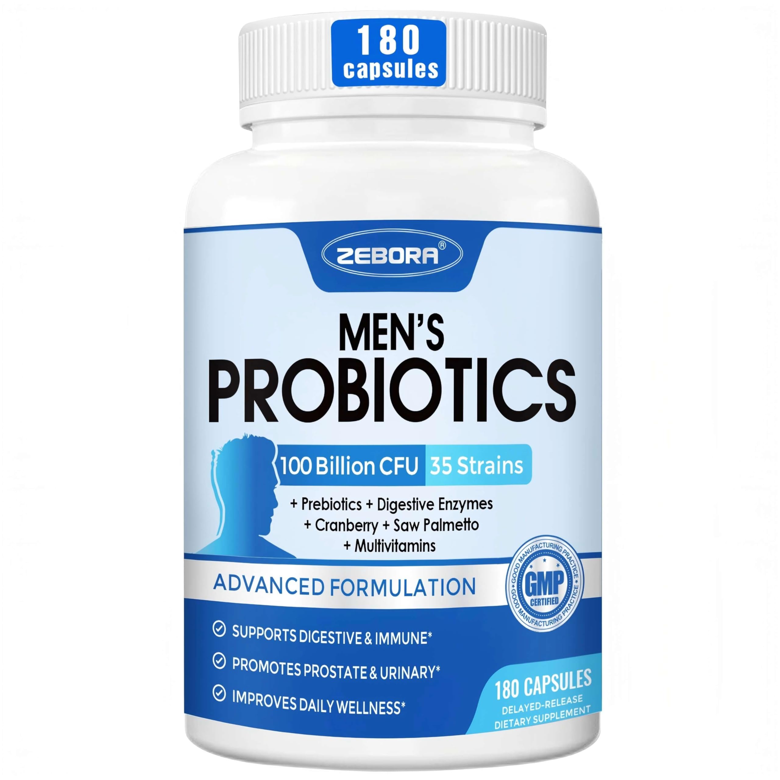 ZEBORA Probiotics for Men bottle front offers convenient 90-day daily supply.