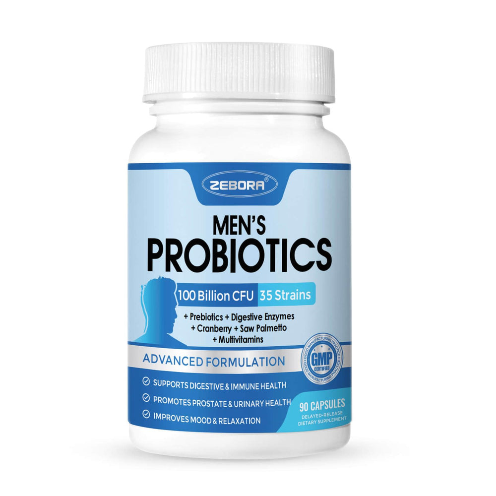 ZEBORA Probiotics for Men bottle featuring 100B CFU for digestive health on the go