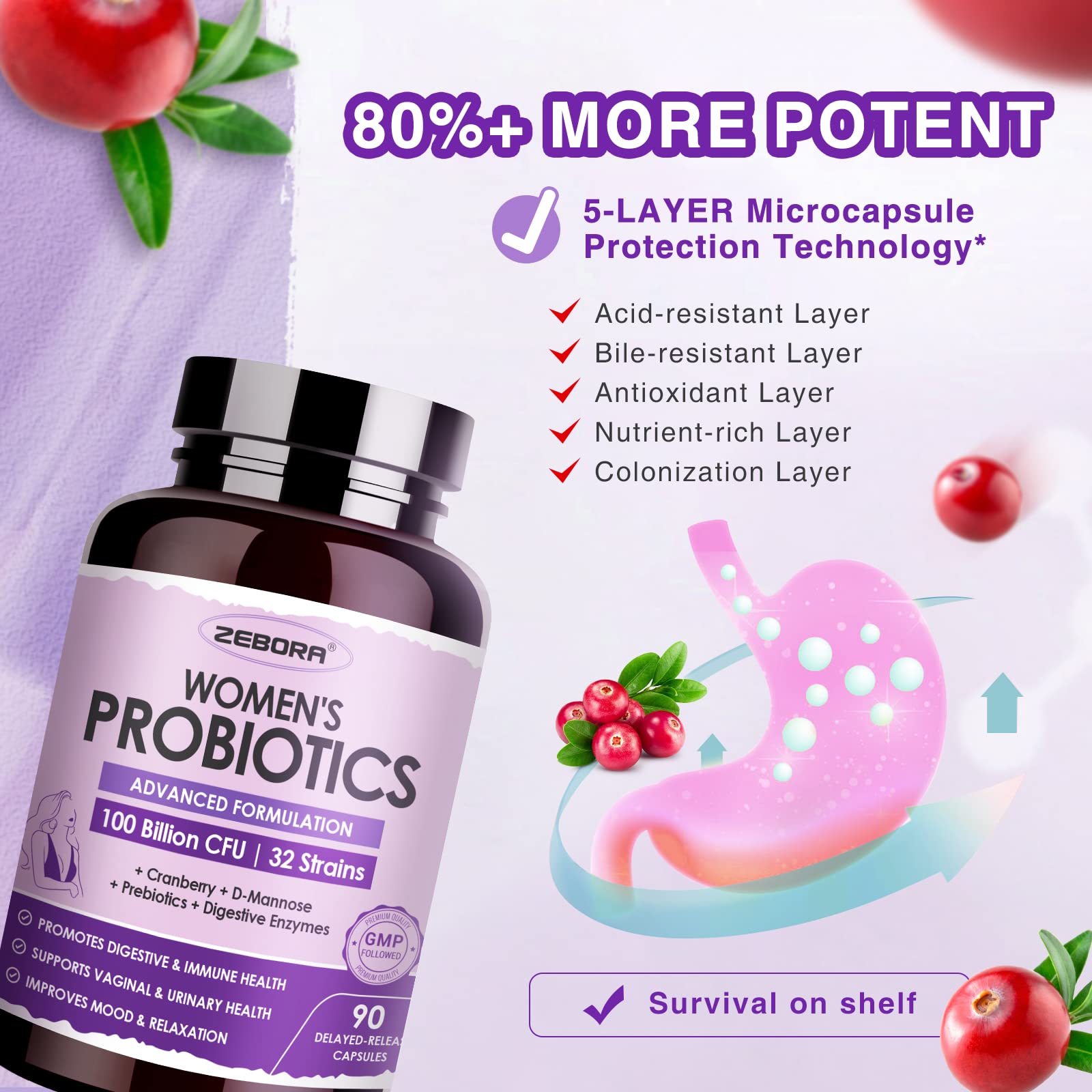 ZEBORA vaginal-health blend with D-Mannose and cranberry supports urinary comfort.