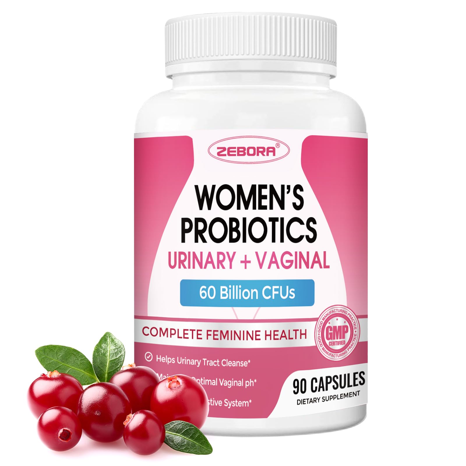 ZEBORA Probiotics for Women bottle with capsules for daily gut and vaginal balance.