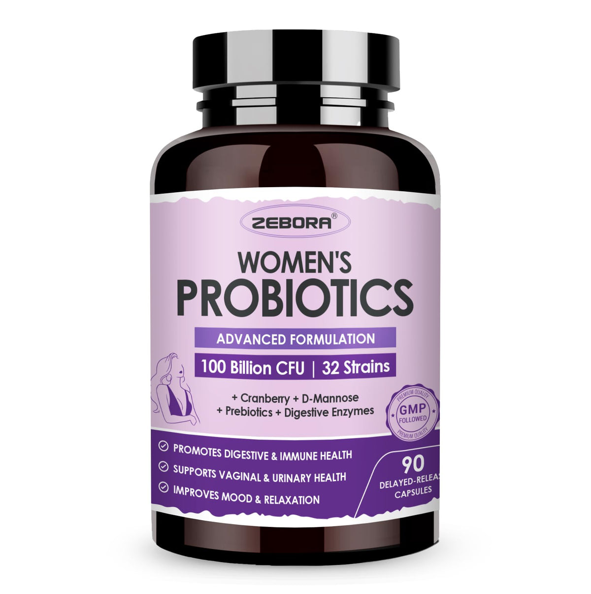 ZEBORA Probiotics bottle for women supports digestive balance.