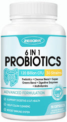 ZEBORA Probiotics bottle with 90 veggie capsules for gut health and immune support.
