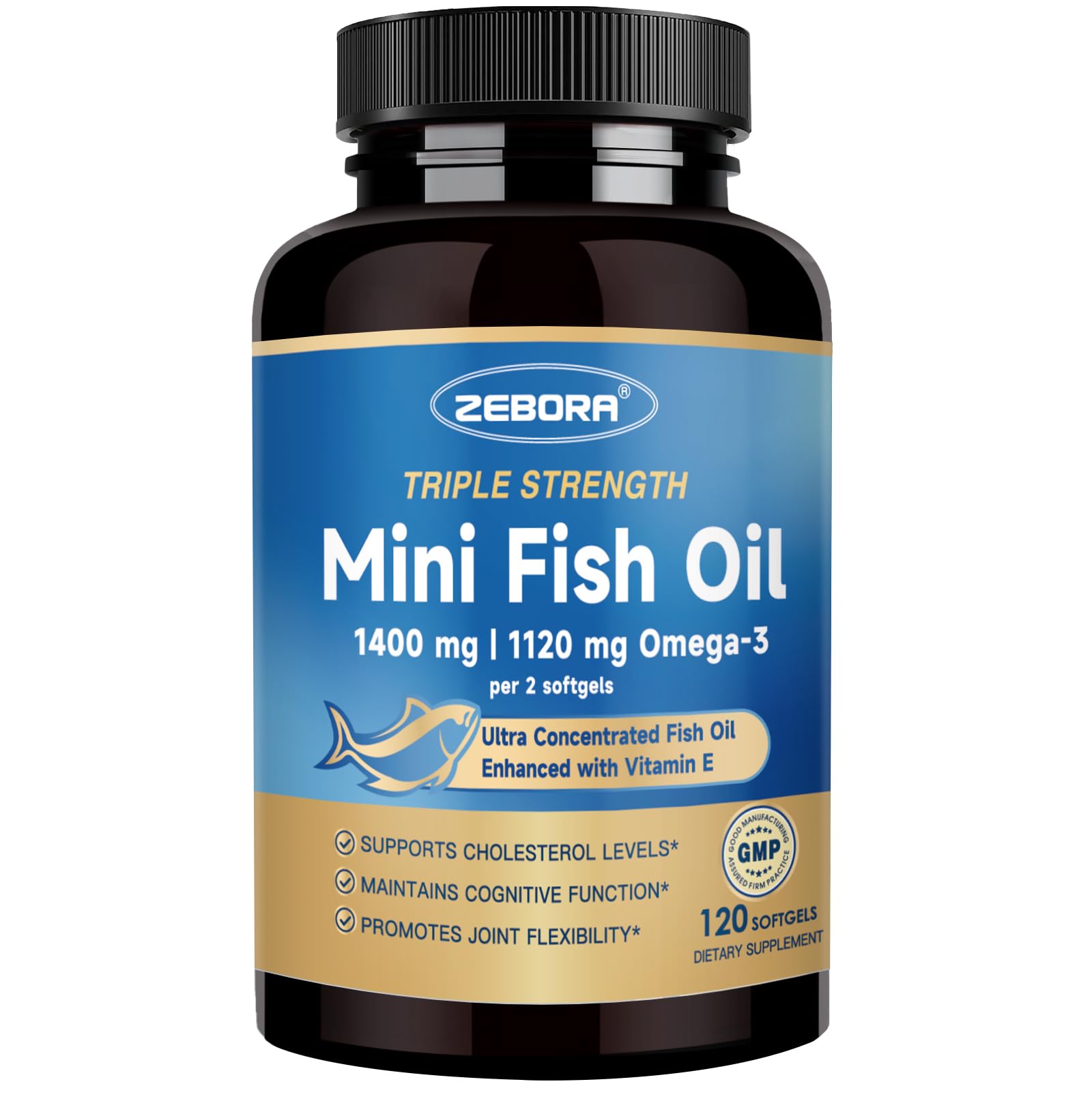 ZEBORA triple-strength mini omega-3 bottle with compact softgels for easy daily dosing.