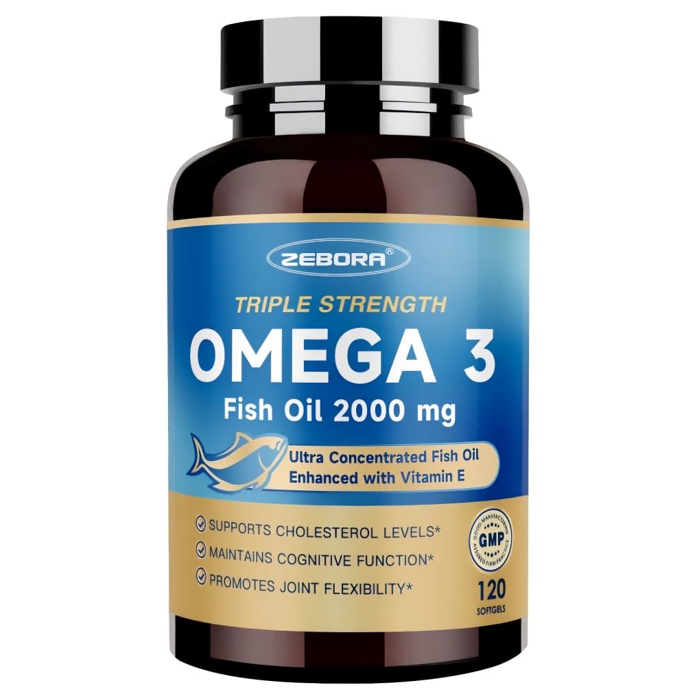 ZEBORA triple-strength omega-3 softgels bottle supports heart and brain health in daily use