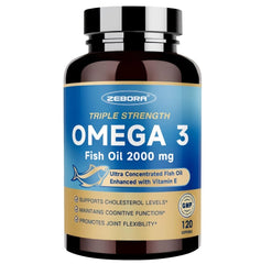 ZEBORA triple-strength omega-3 softgels bottle supports heart and brain health in daily use