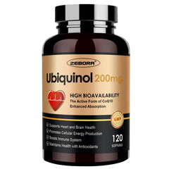 ZEBORA Ubiquinol CoQ10 200 mg softgels front label for quick dosage reference
