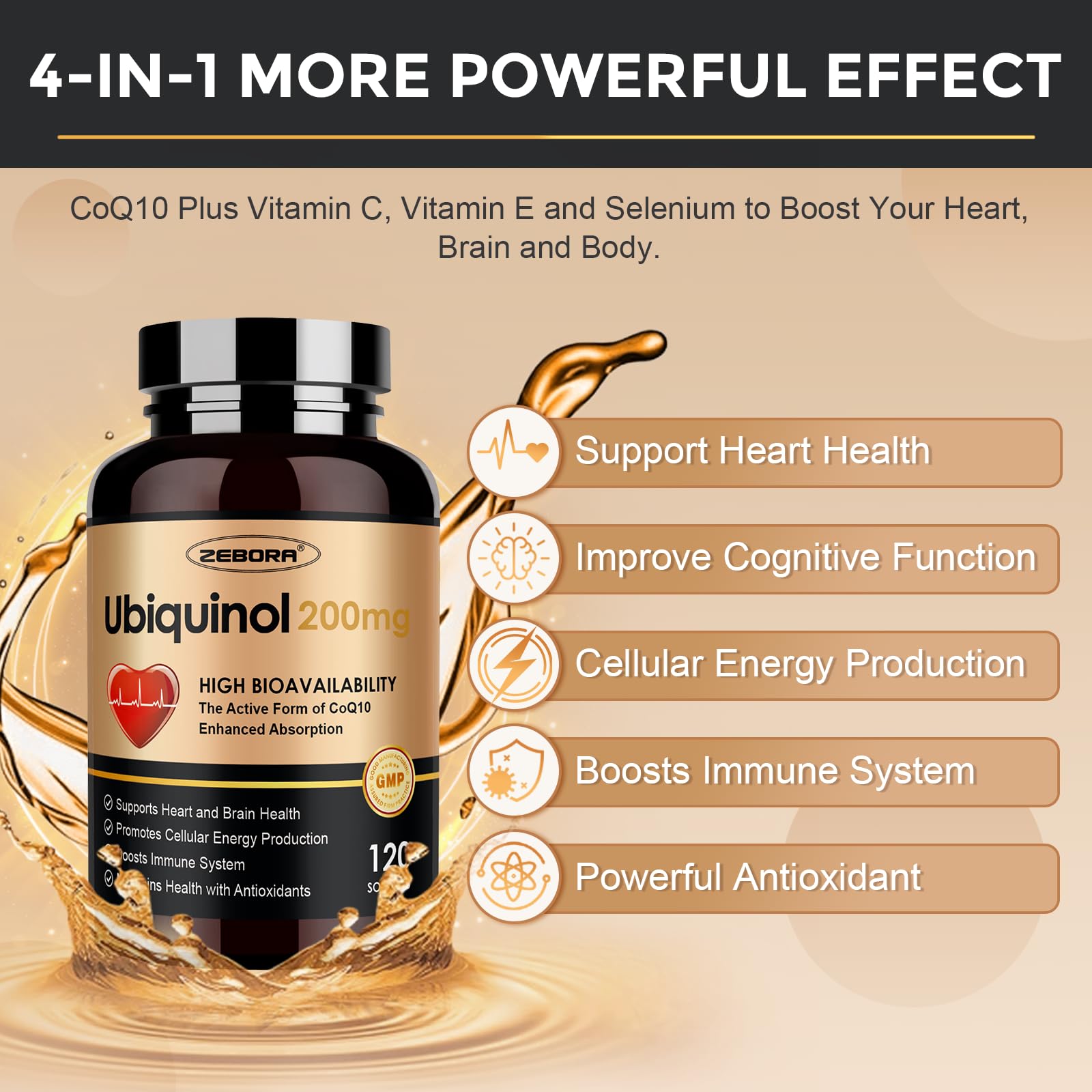 ZEBORA Ubiquinol CoQ10 bottle with capsules ready for daily routine