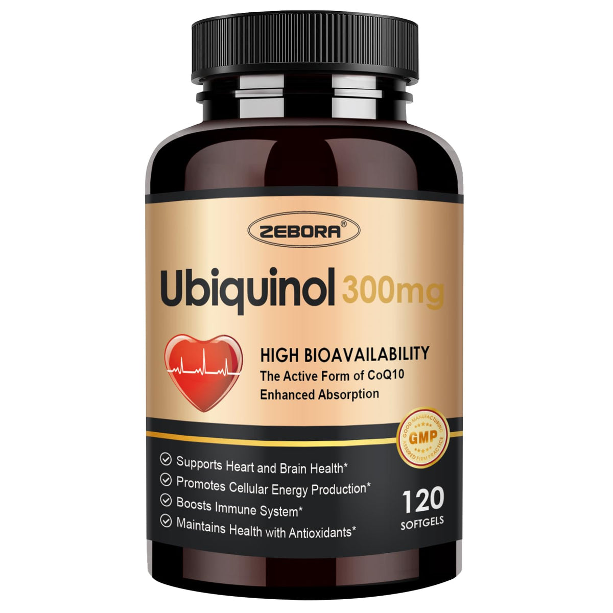 ZEBORA Ubiquinol CoQ10 bottle for daily heart-support and energy production.