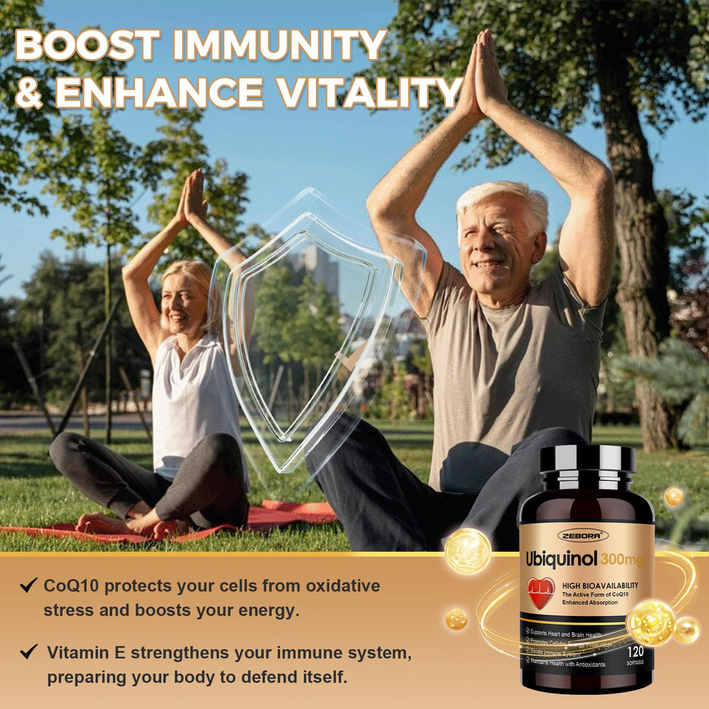 ZEBORA CoQ10 with Vitamin E and Selenium packaging highlights immune synergy.